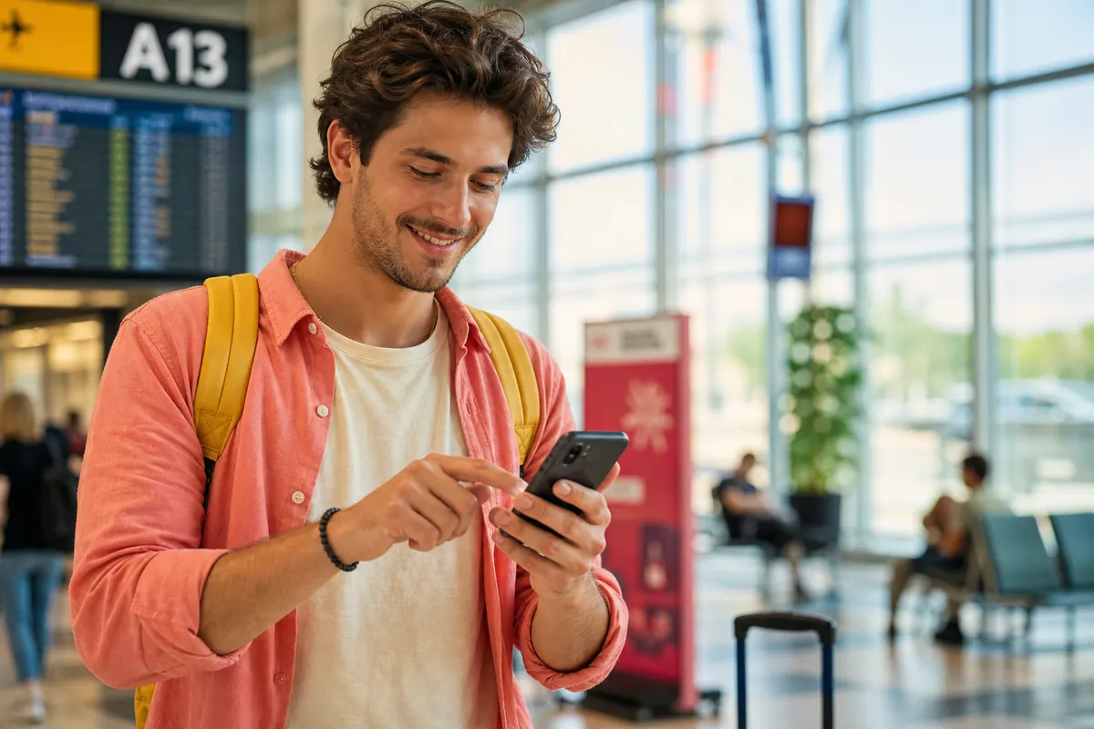 Traveler activating an eSIM on their smartphone at the airport in Albania