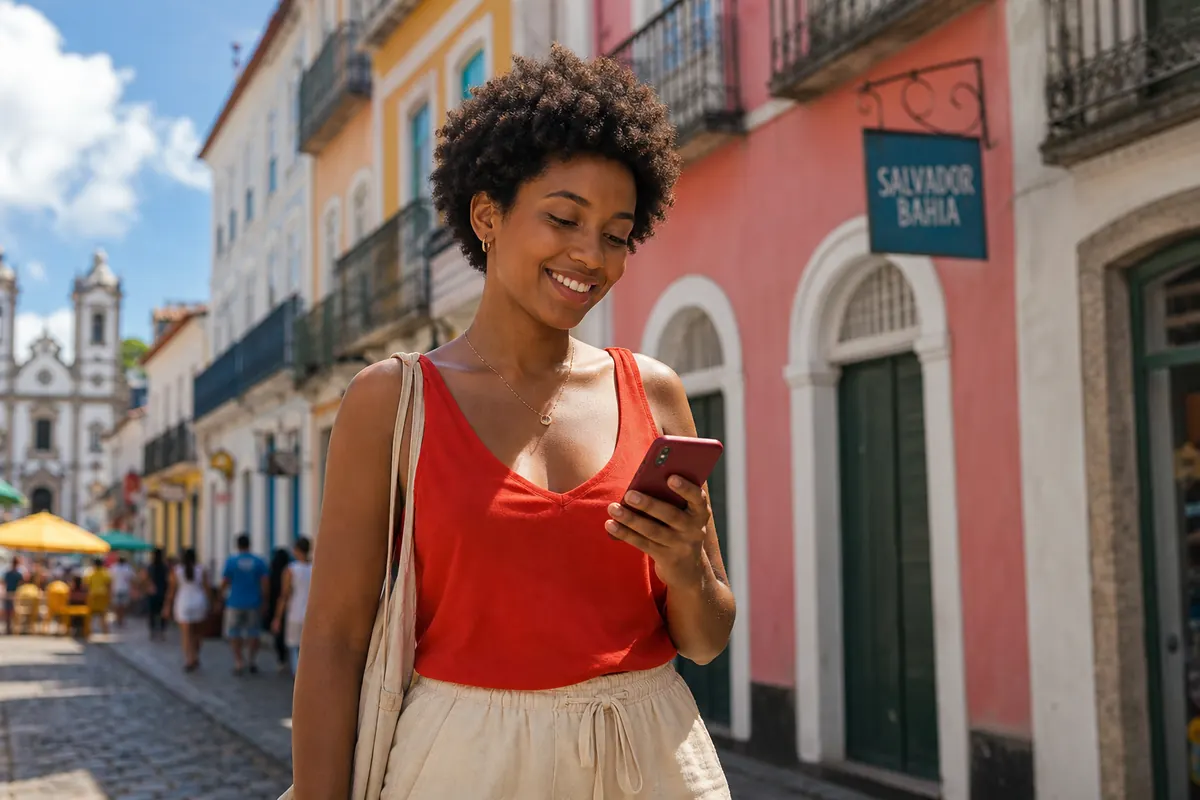 Traveler calmly using mobile data on their smartphone in Brazil.