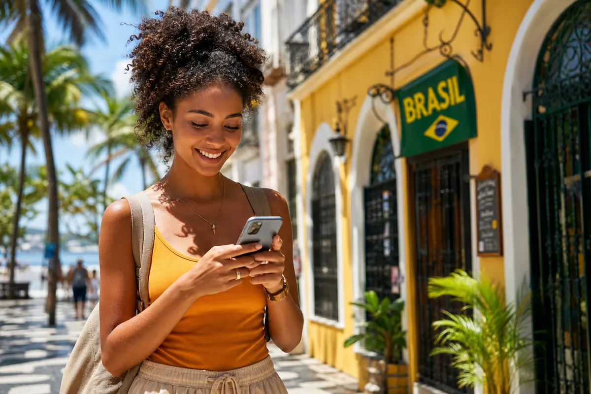 Traveler using their smartphone with an eSIM upon arriving in Brazil.