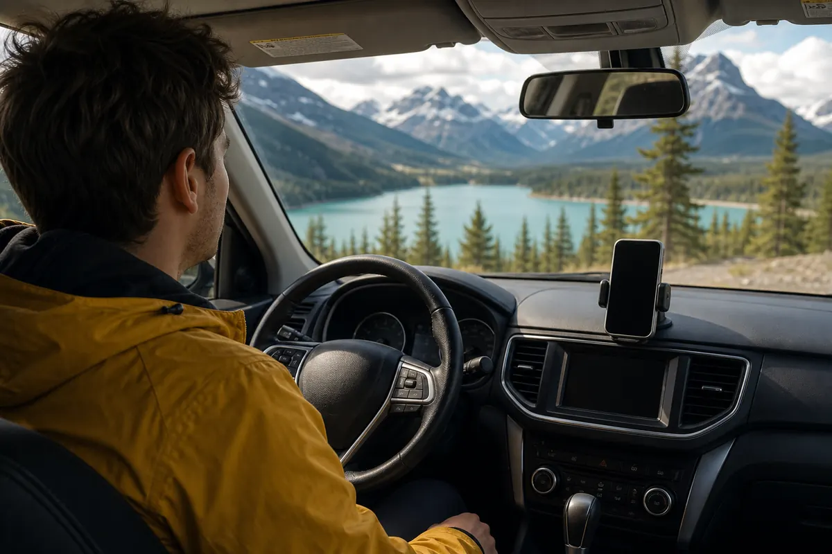 Traveler using smartphone GPS in a car in Canada.
