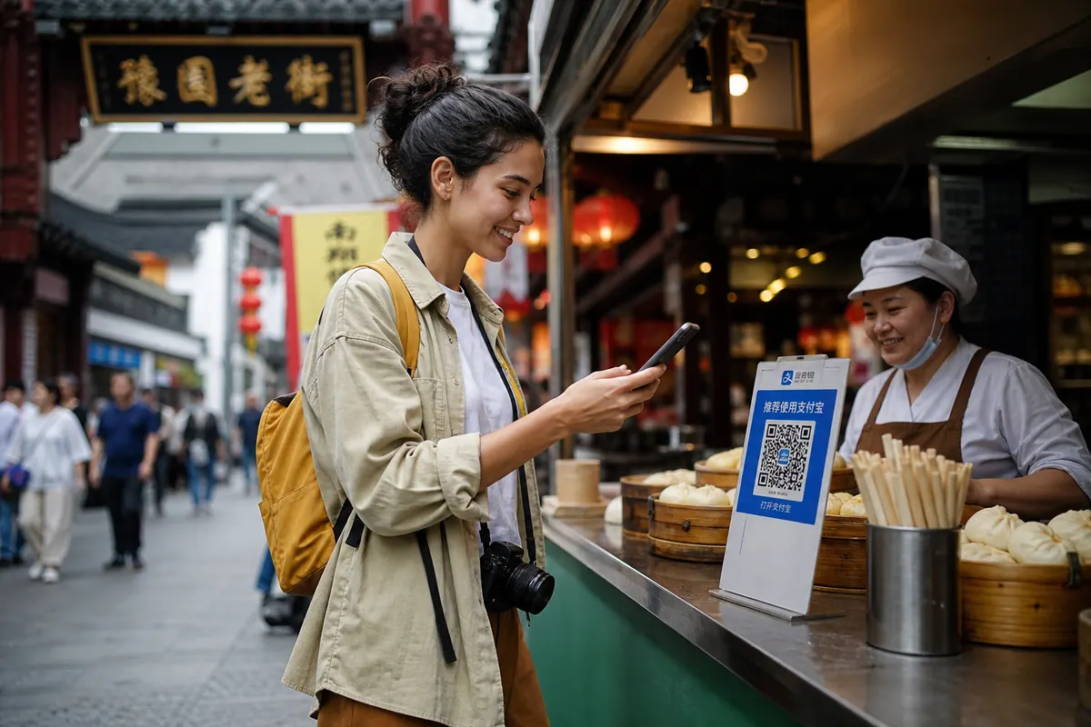 Traveler paying with a smartphone at a street market in China.