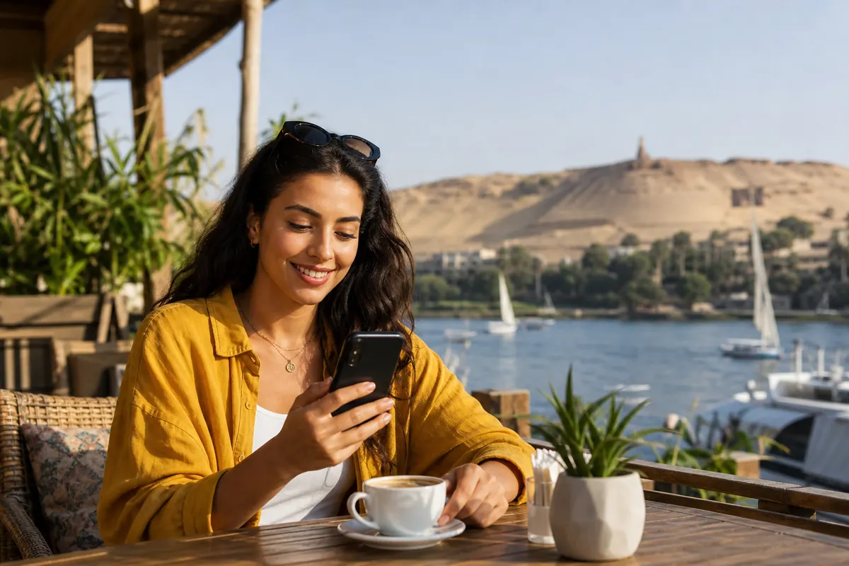 Female traveler using internet on her phone without stress in Egypt.