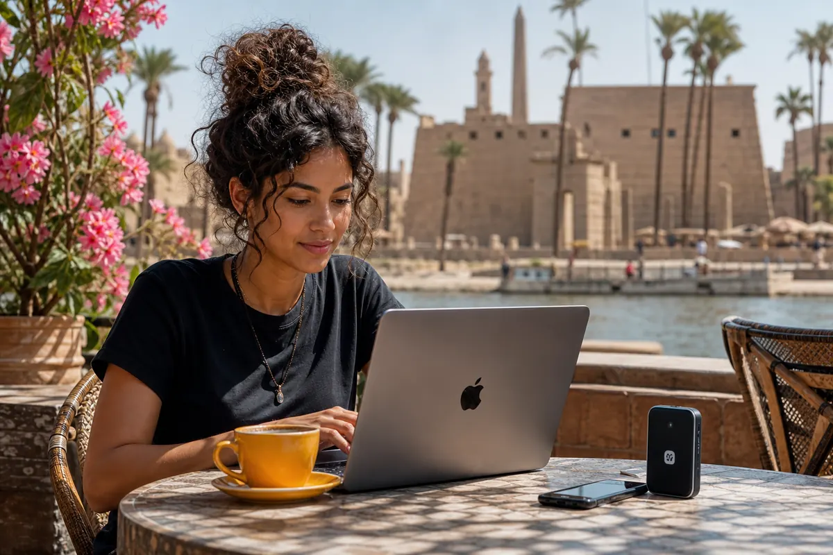 Traveler using a mobile hotspot to work in a cafe in Luxor.