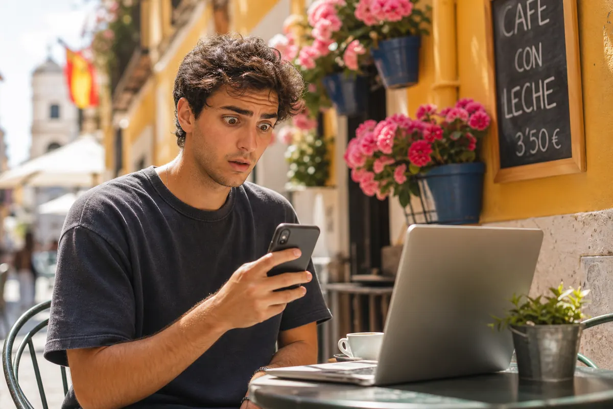 Erasmus student in Spain checking their internet data usage on a smartphone.