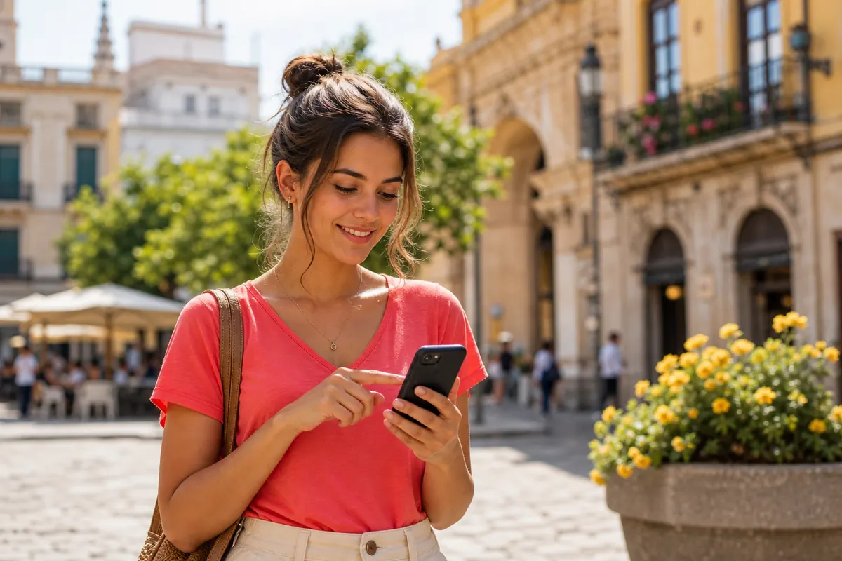 Female traveler in Spain manually activating her travel data plan on her smartphone.