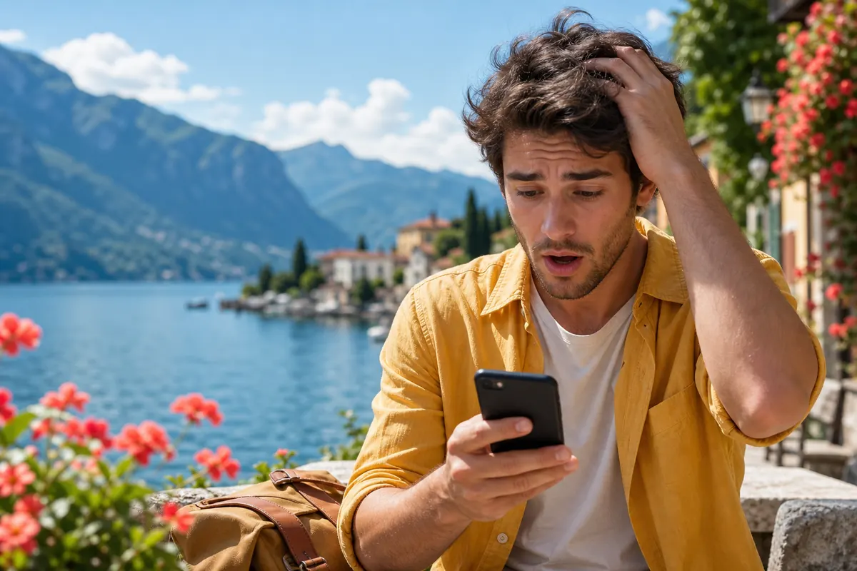 Worried traveler looking at their smartphone facing out-of-plan charges in Italy.