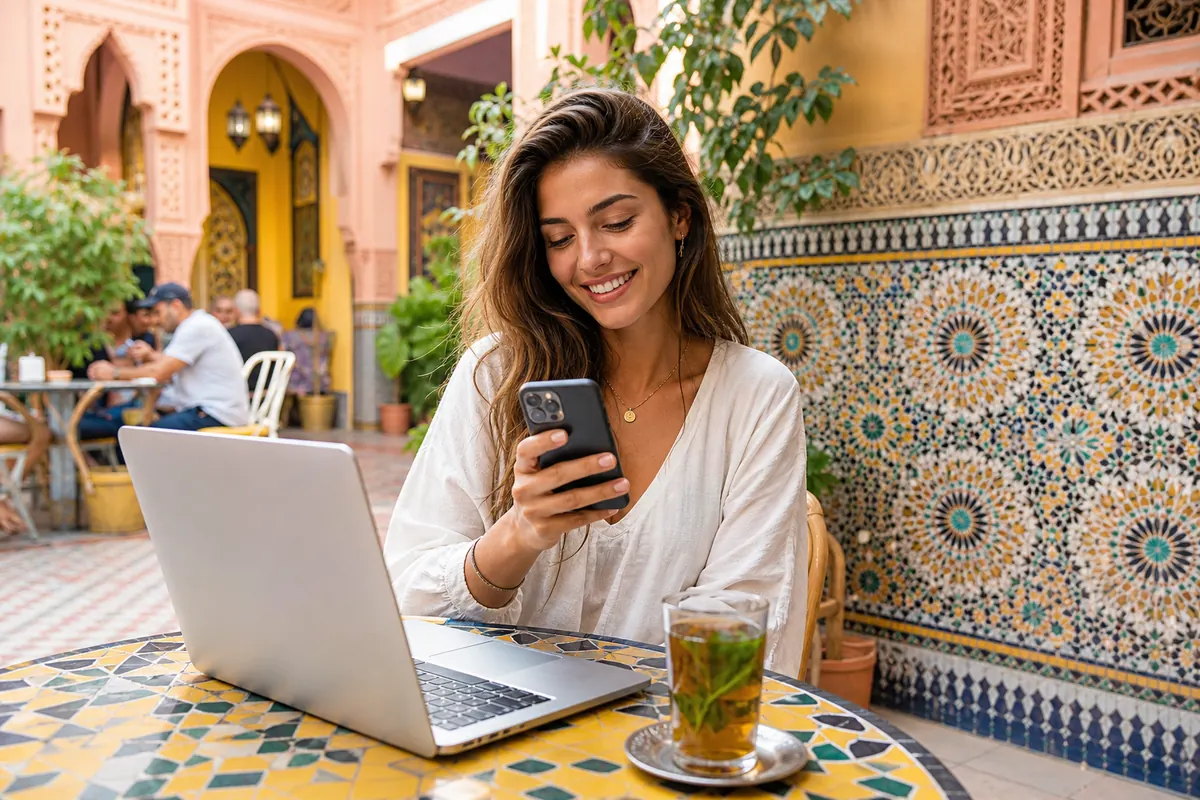 Smiling traveler using their phone without roaming fees at Casablanca airport in Morocco.